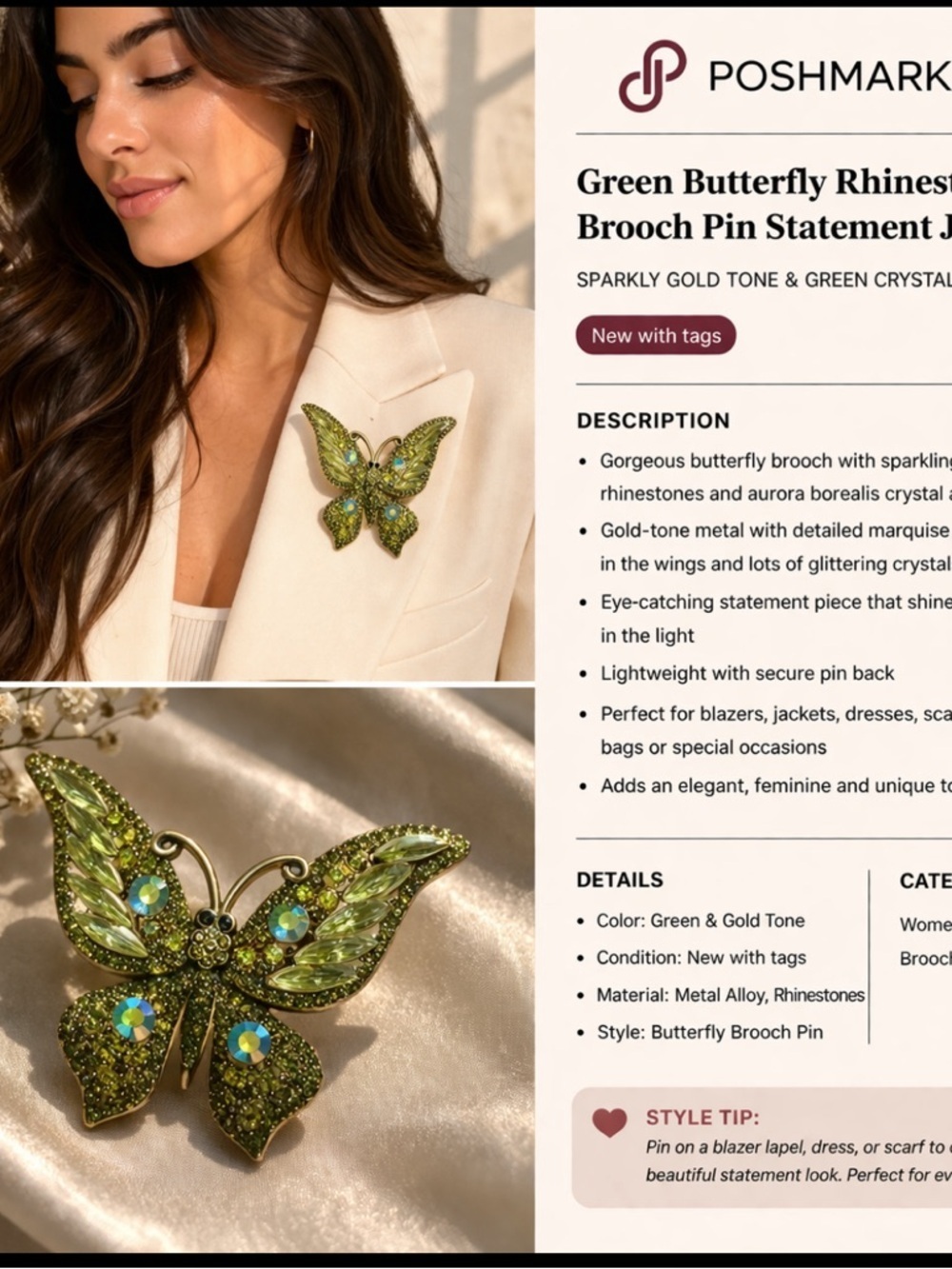 Green Crystal Butterfly Brooch Pin